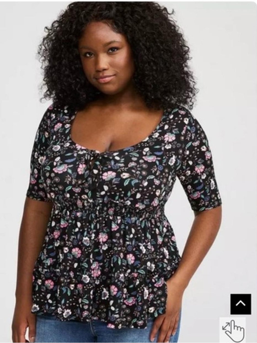 Torrid Super Soft Jersey Black Garden Floral Tie Front Babydoll Top Size Large L